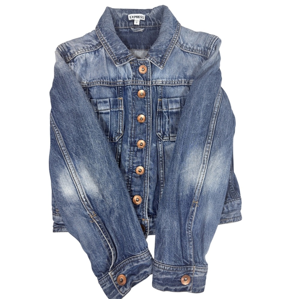 Express Womens Medium Wash Denim Jacket Blue Cropped Button Up Y2K Size XS - Picture 6 of 9